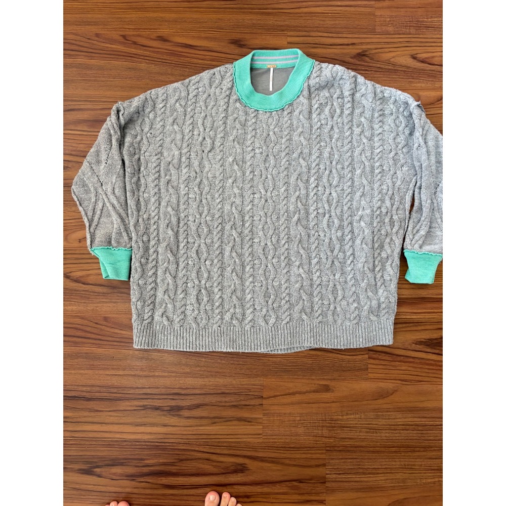 Free People Gray Cable Knit Oversized Sweater Mint Green Trim Small
